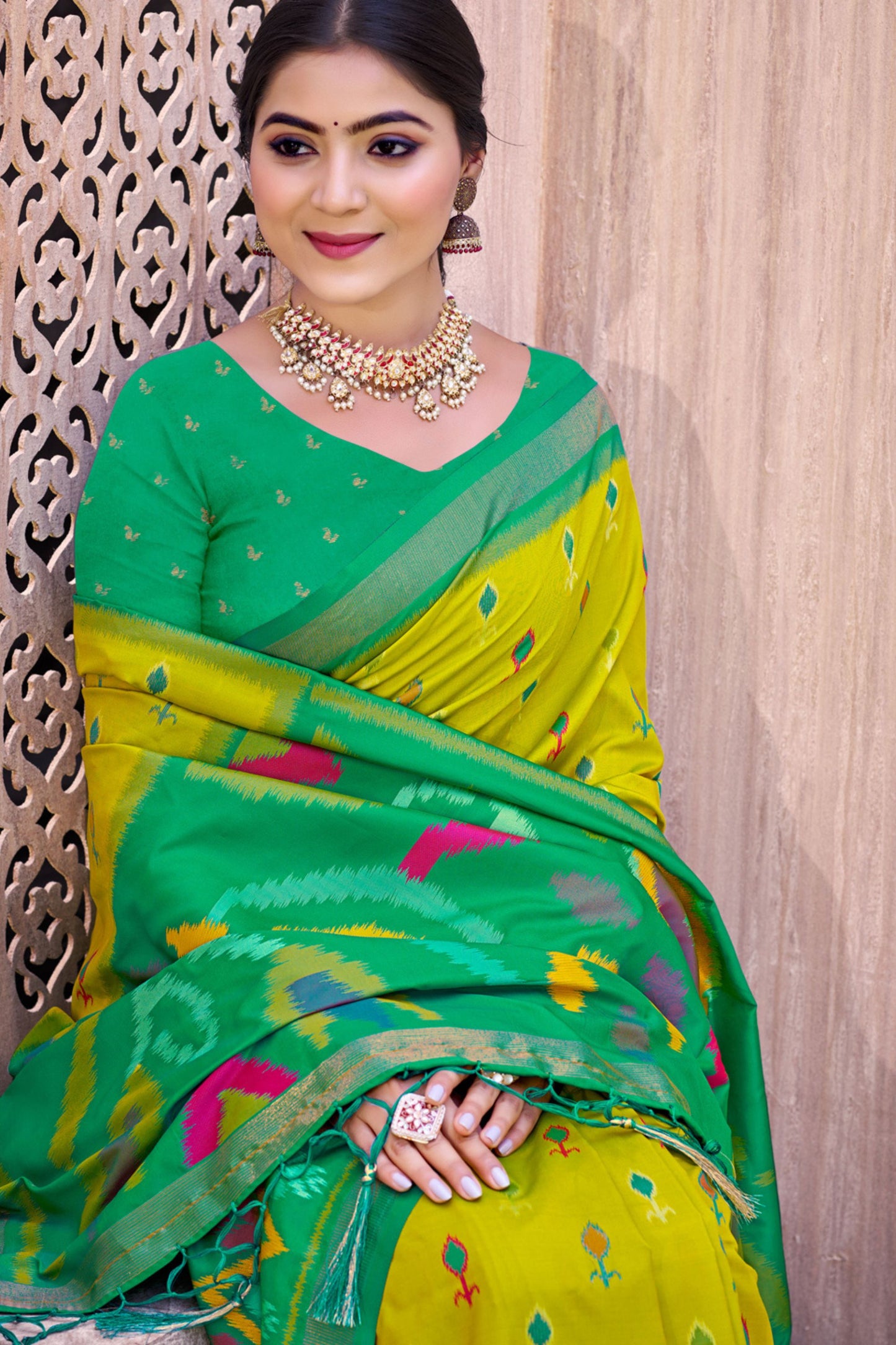Lime Green Green Ikat Silk Saree Traditional Woven Motifs Contrast Border