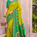Lime Green Green Ikat Silk Saree Traditional Woven Motifs Contrast Border