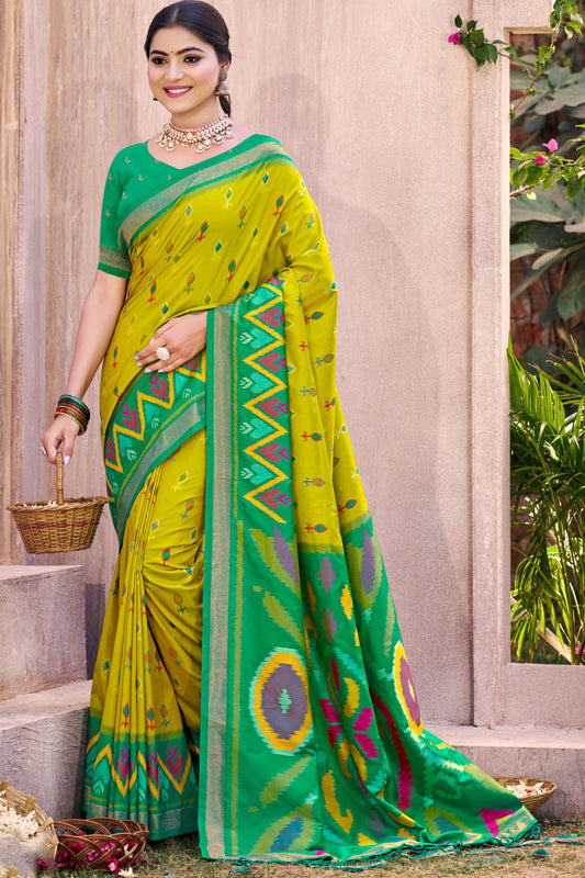 Lime Green Green Ikat Silk Saree Traditional Woven Motifs Contrast Border