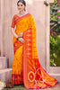 Mustard Yellow Red Ikat Silk Saree Traditional Woven Motifs Contrast Border