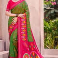 Green Pink Ikat Silk Saree with Traditional Woven Motifs Contrast Border