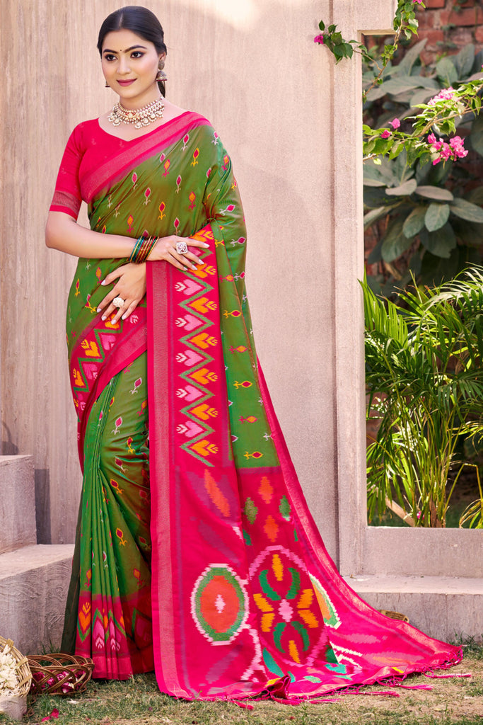 Green Pink Ikat Silk Saree with Traditional Woven Motifs Contrast Border