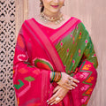Green Pink Ikat Silk Saree with Traditional Woven Motifs Contrast Border