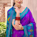 Purple Teal Ikat Silk Saree Traditional Woven Motifs Contrast Border