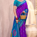 Purple Teal Ikat Silk Saree Traditional Woven Motifs Contrast Border