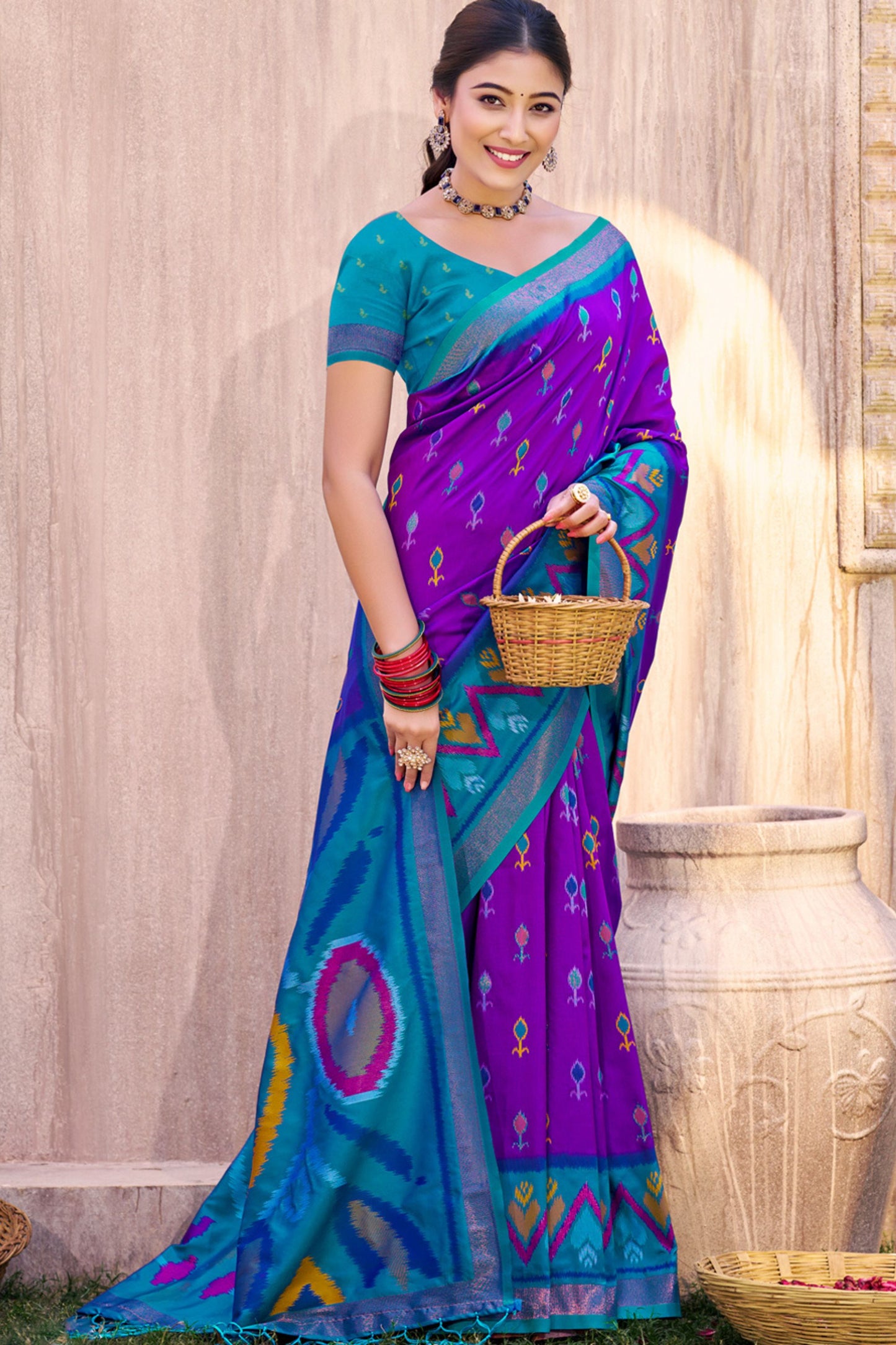 Purple Teal Ikat Silk Saree Traditional Woven Motifs Contrast Border