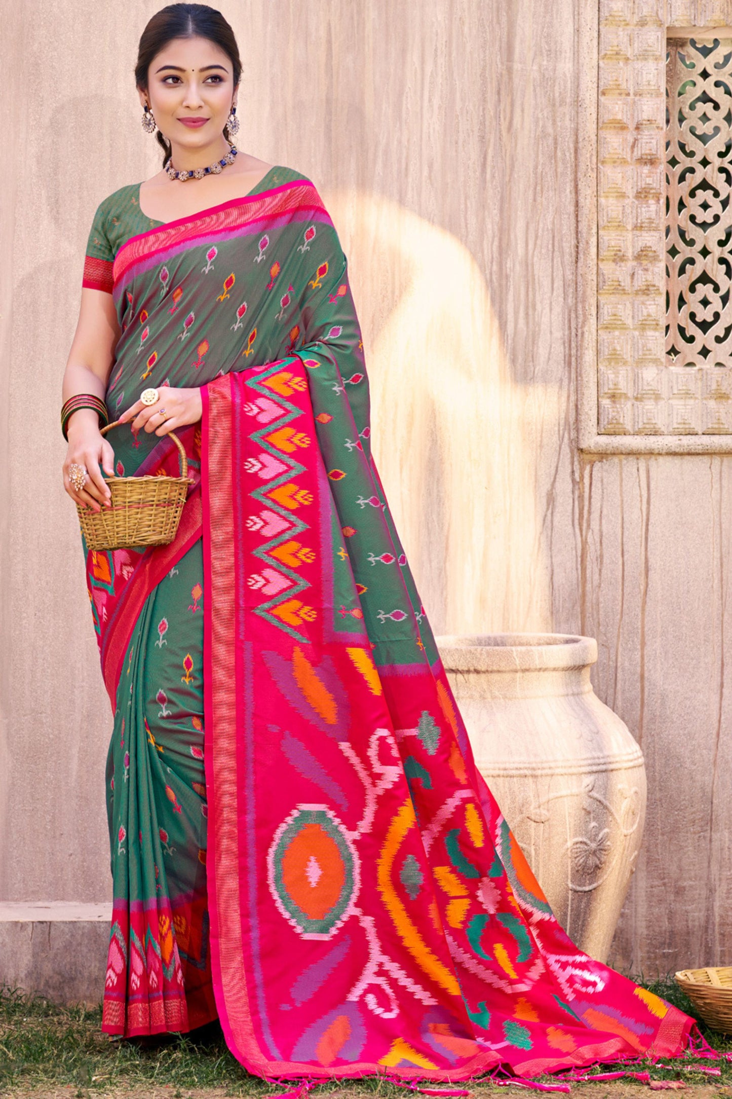 Green Magenta Ikat Silk Saree Traditional Woven Motifs Contrast Border