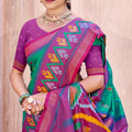 Green Purple Handloom Silk Saree Multicolor Ikat Motifs Contrast Border