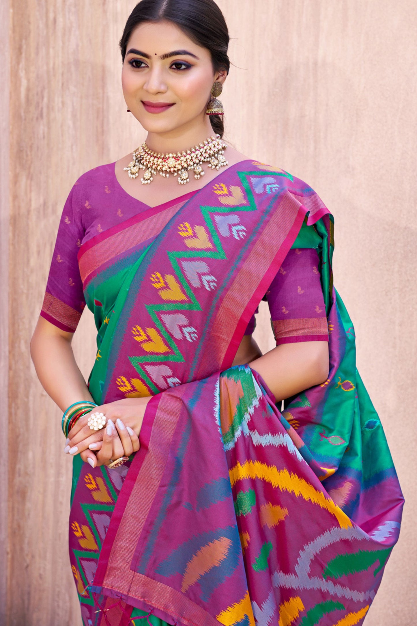Green Purple Handloom Silk Saree Multicolor Ikat Motifs Contrast Border