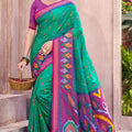 Green Purple Handloom Silk Saree Multicolor Ikat Motifs Contrast Border