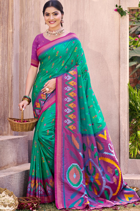 Green Purple Handloom Silk Saree Multicolor Ikat Motifs Contrast Border