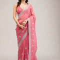 Elegant Rose Pink Embroidered Crunchy Chiffon Saree with Designer Blouse for Wedding