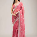 Elegant Rose Pink Embroidered Crunchy Chiffon Saree with Designer Blouse for Wedding