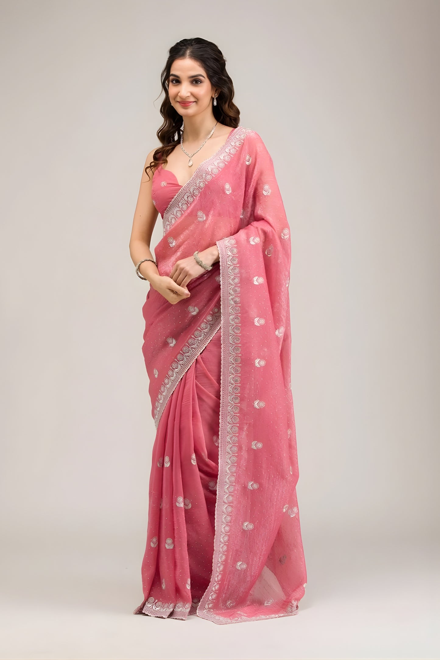 Elegant Rose Pink Embroidered Crunchy Chiffon Saree with Designer Blouse for Wedding