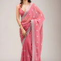 Elegant Rose Pink Embroidered Crunchy Chiffon Saree with Designer Blouse for Wedding
