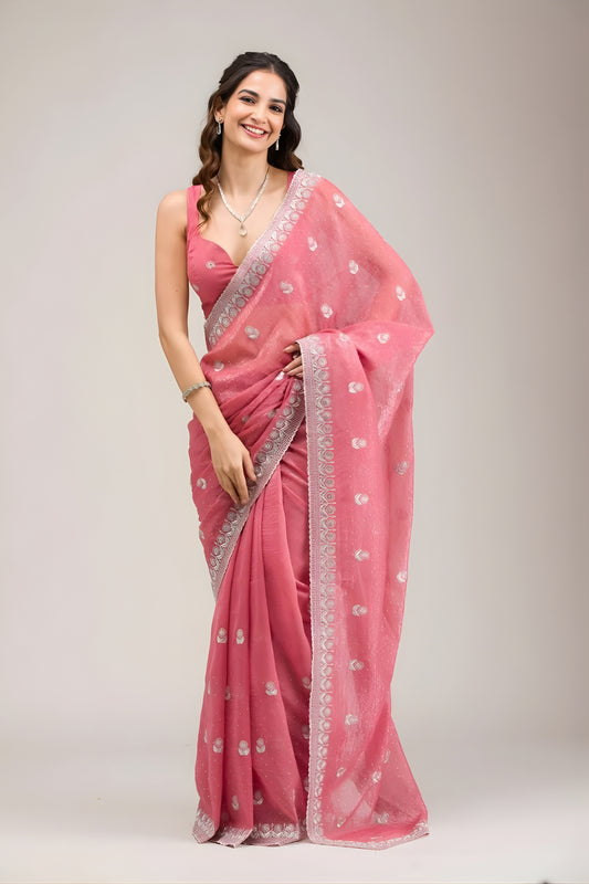 Elegant Rose Pink Embroidered Crunchy Chiffon Saree with Designer Blouse for Wedding