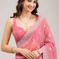 Elegant Rose Pink Embroidered Crunchy Chiffon Saree with Designer Blouse for Wedding