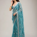 Stunning Rama Green Embroidered Crunchy Chiffon Saree with Designer Blouse for Wedding