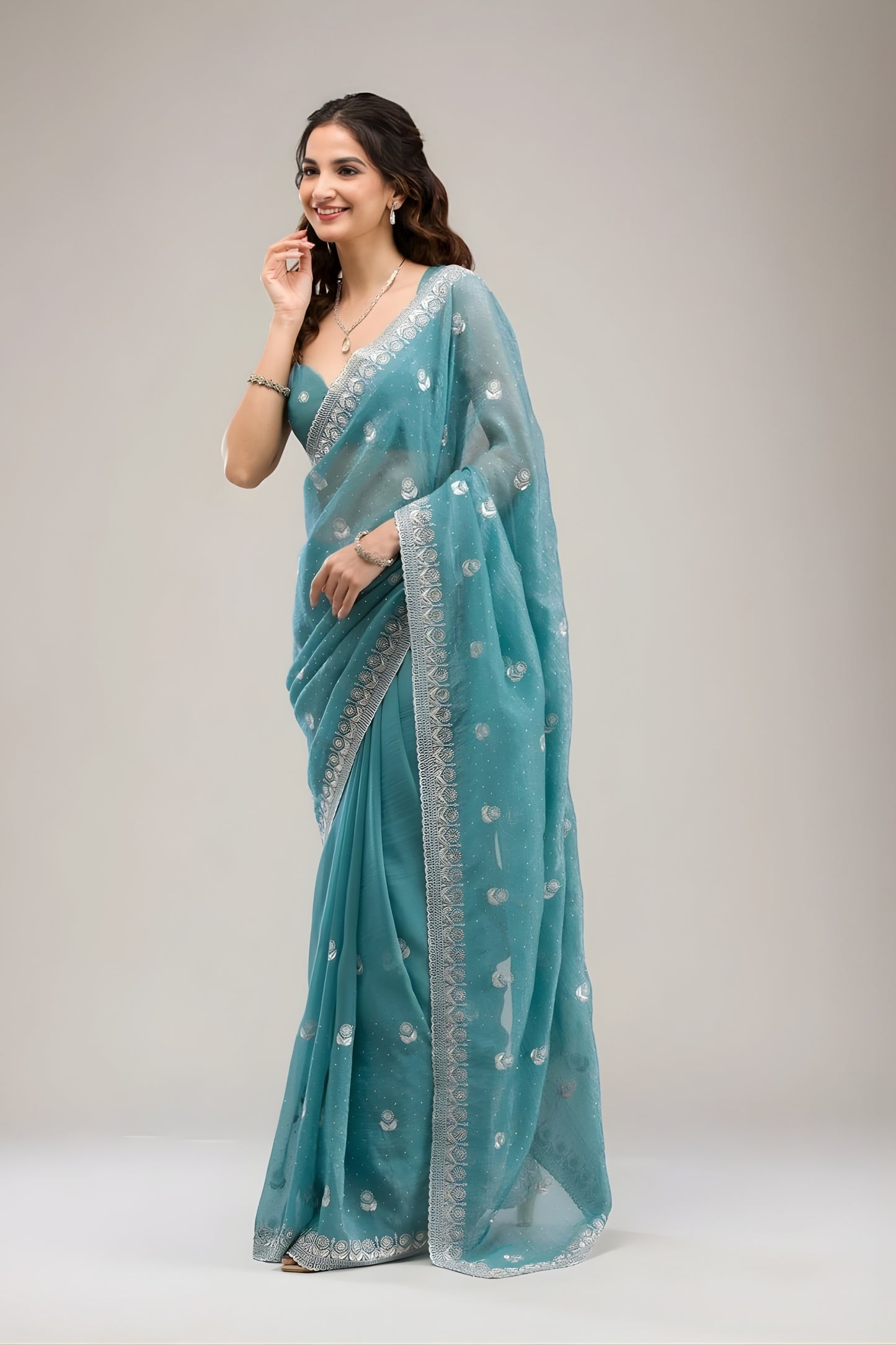 Stunning Rama Green Embroidered Crunchy Chiffon Saree with Designer Blouse for Wedding