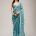 Stunning Rama Green Embroidered Crunchy Chiffon Saree with Designer Blouse for Wedding