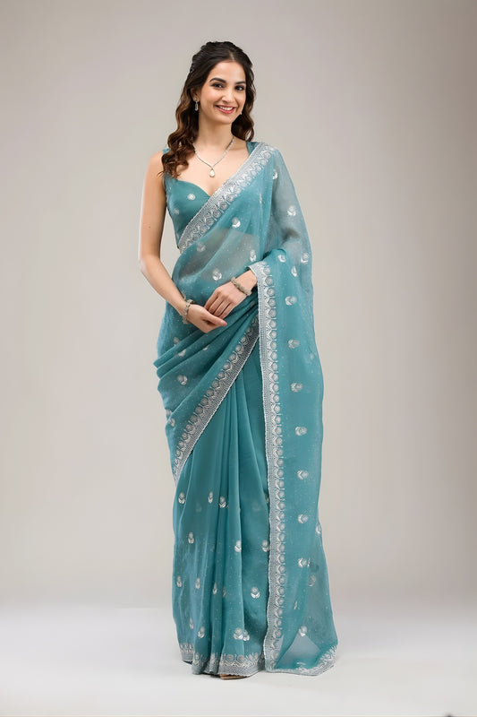 Stunning Rama Green Embroidered Crunchy Chiffon Saree with Designer Blouse for Wedding