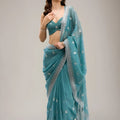 Stunning Rama Green Embroidered Crunchy Chiffon Saree with Designer Blouse for Wedding