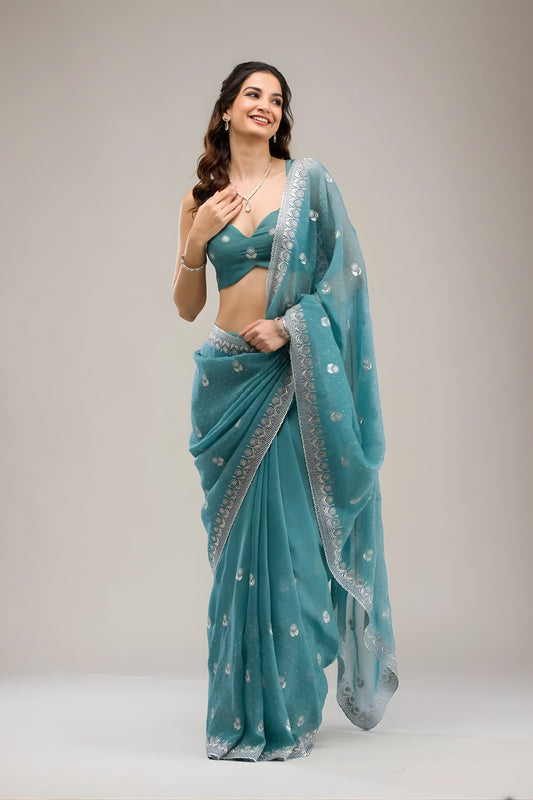 Stunning Rama Green Embroidered Crunchy Chiffon Saree with Designer Blouse for Wedding