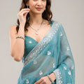Stunning Rama Green Embroidered Crunchy Chiffon Saree with Designer Blouse for Wedding
