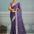 Lavender Organza Silk Saree with White Floral Embroidery Border 