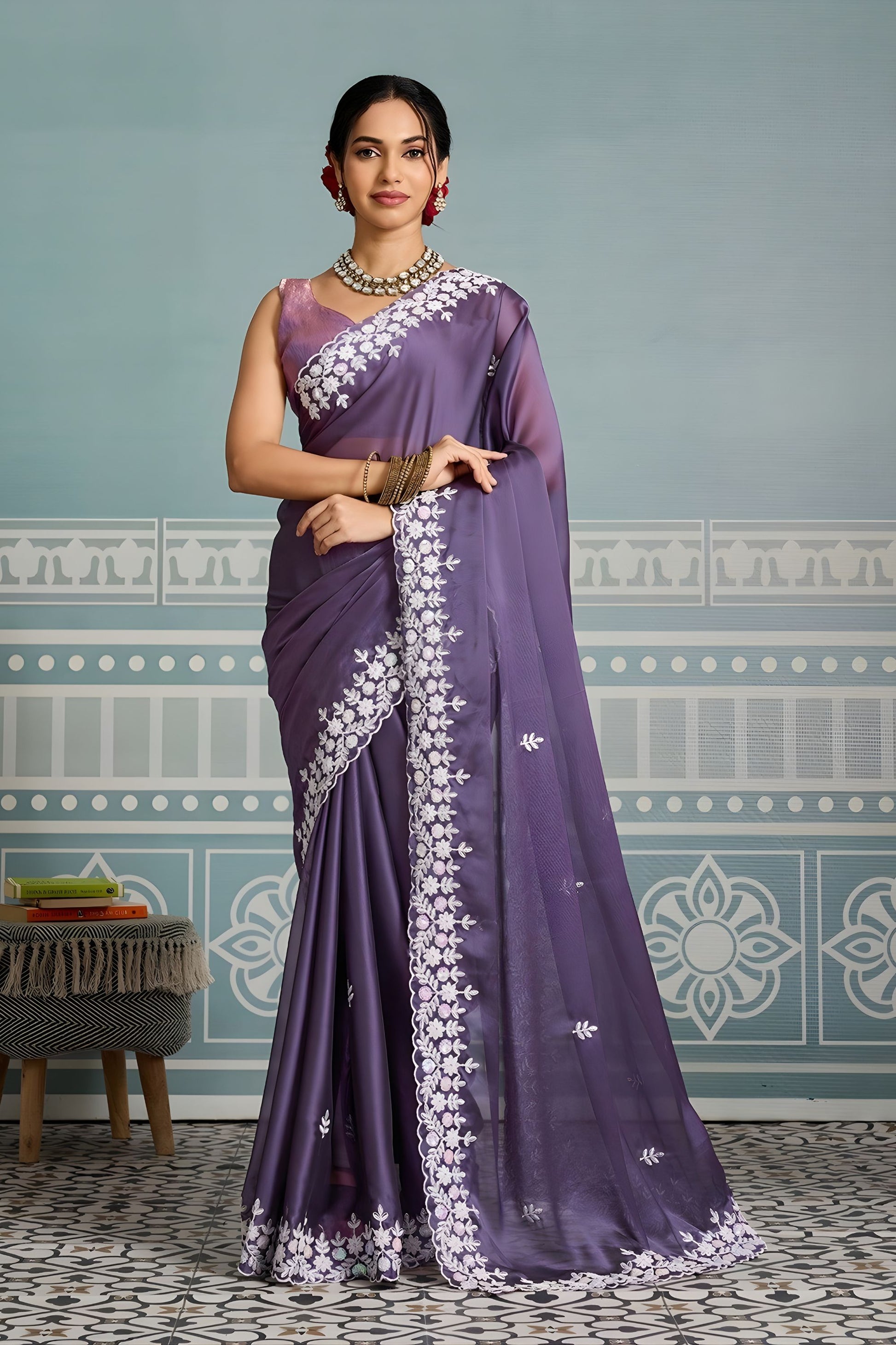 Lavender Organza Silk Saree with White Floral Embroidery Border 