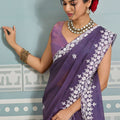 Lavender Organza Silk Saree with White Floral Embroidery Border