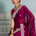 Rani Pink Organza Silk Saree with White Floral Embroidery Border