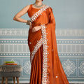 Rust Orange Organza Silk Saree with White Floral Embroidery Border