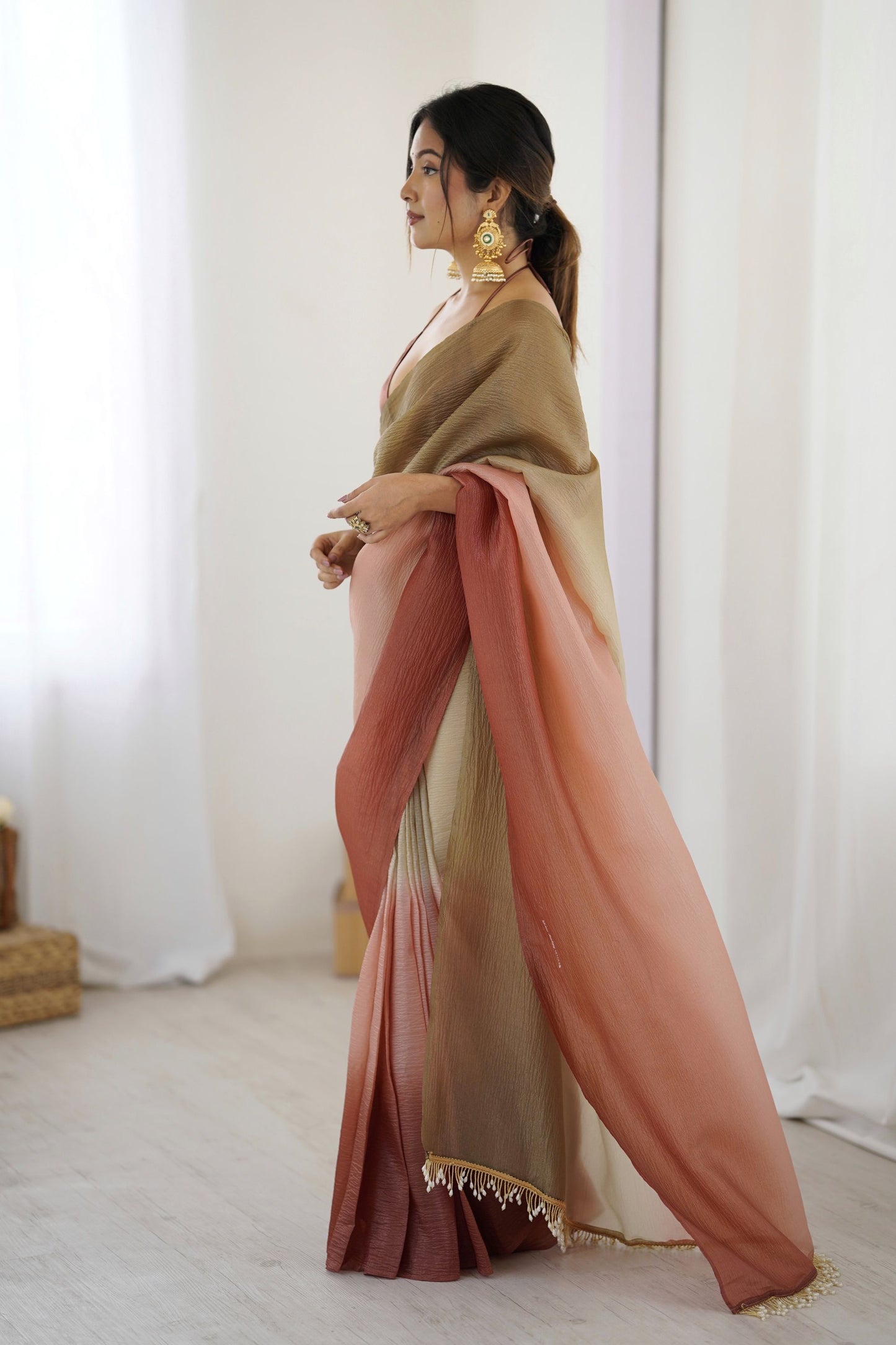 Dual Tone Peach  Brown Saree Soft Organza Silk Party Wear Saree