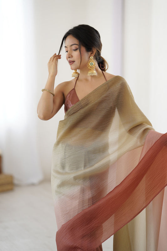Dual Tone Peach  Brown Saree Soft Organza Silk Party Wear Saree