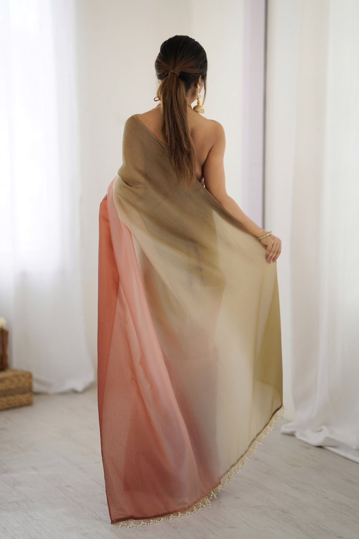 Dual Tone Peach  Brown Saree Soft Organza Silk Party Wear Saree