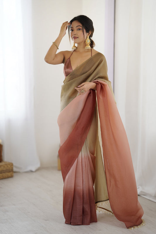 Dual Tone Peach  Brown Saree Soft Organza Silk Party Wear Saree