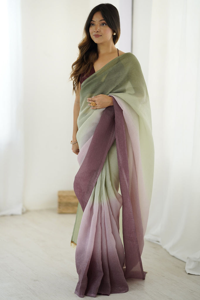 Pastel Green Mauve Ombre Organza Silk Saree Party Wear Saree 
