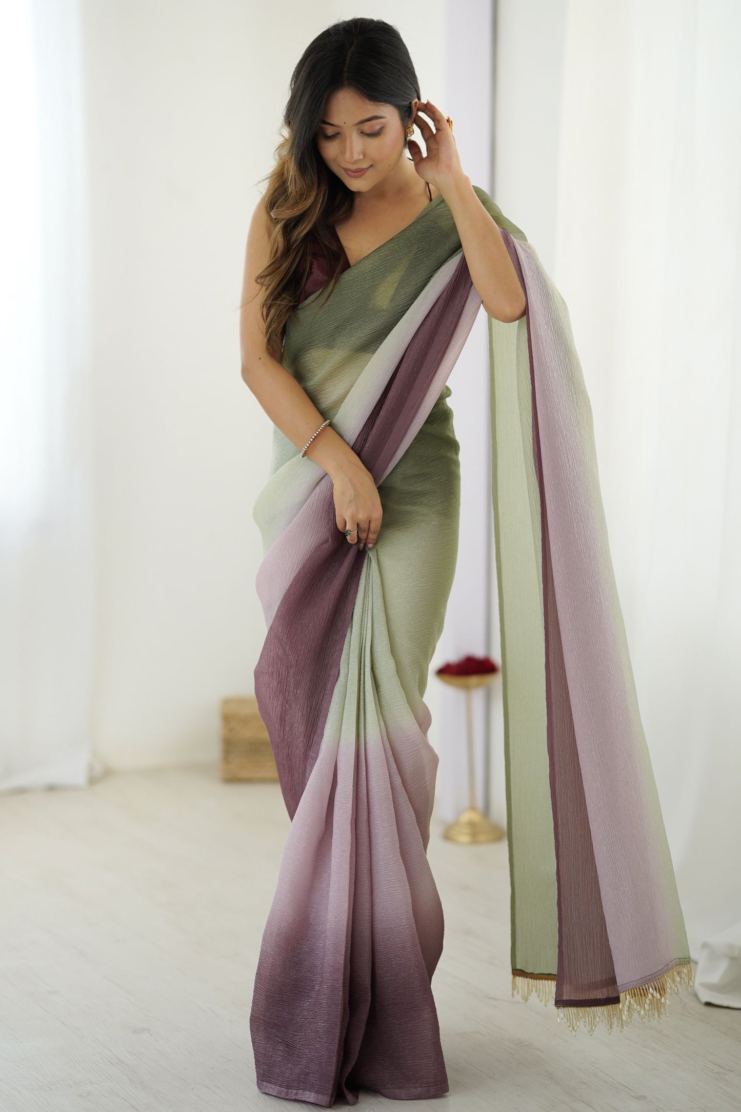 Pastel Green Mauve Ombre Organza Silk Saree Party Wear Saree