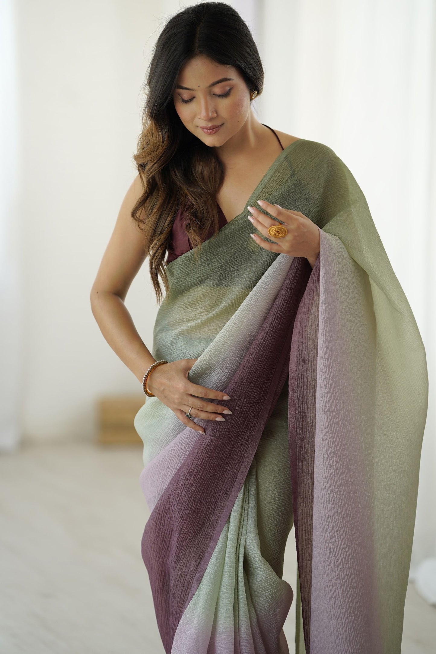Pastel Green Mauve Ombre Organza Silk Saree Party Wear Saree