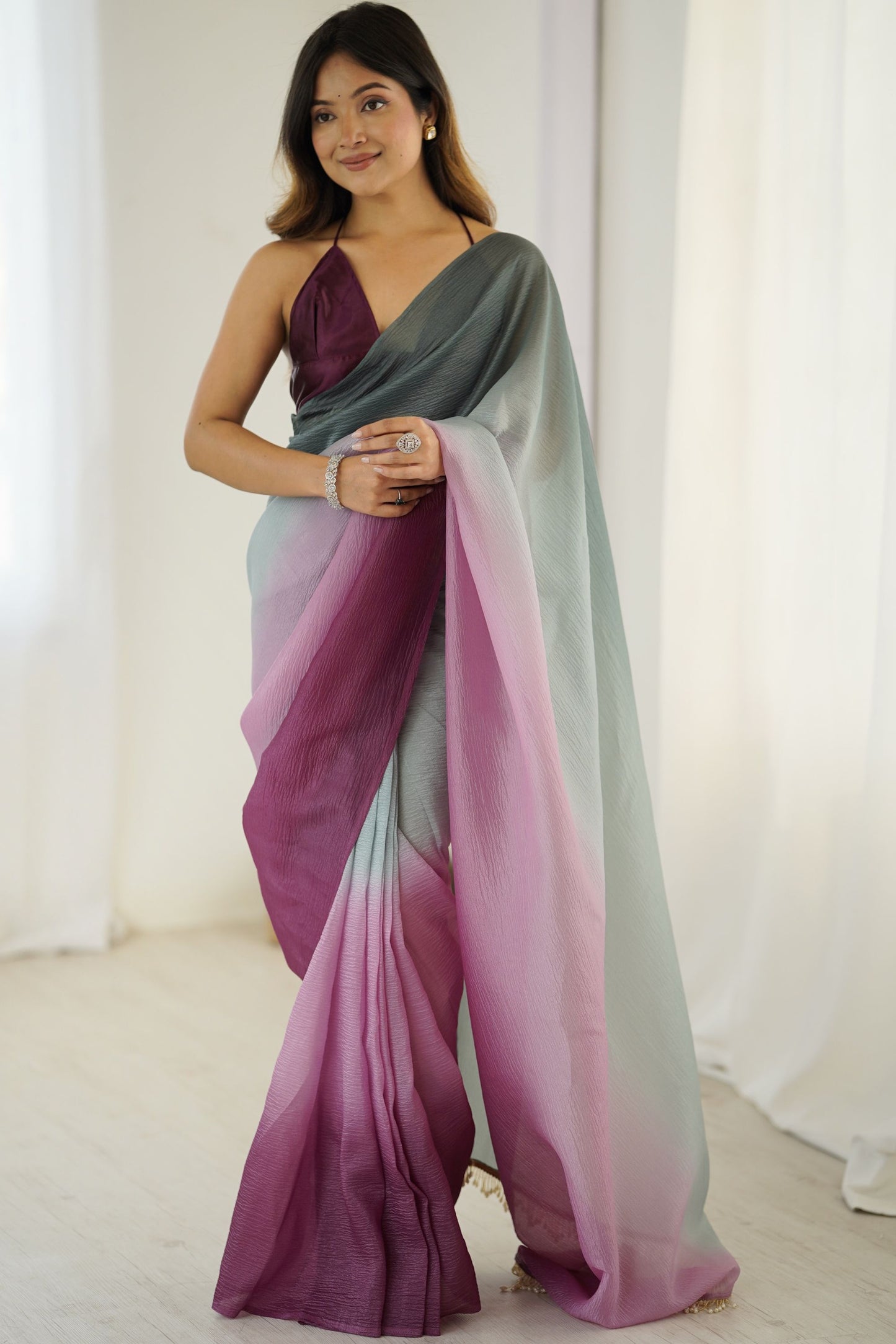 Pastel Blue Pink Ombre Organza Silk Saree Party Wear Saree