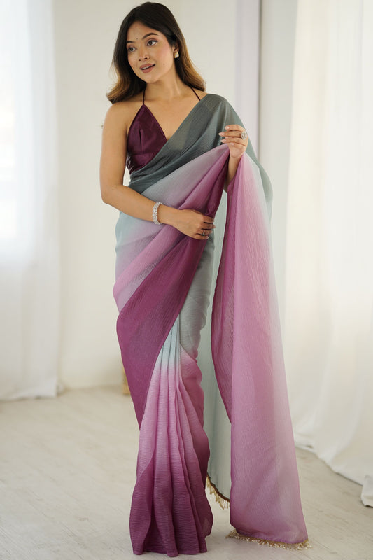 Pastel Blue Pink Ombre Organza Silk Saree Party Wear Saree 