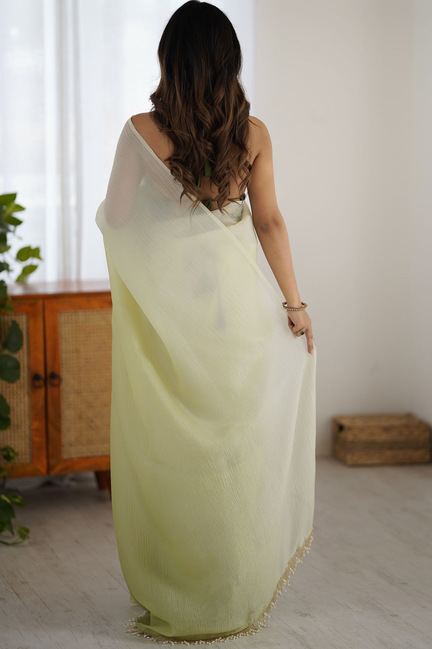 Pistachio Green Organza Saree with Soft Shaded Finish Tassel Border