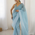 Sky Blue Organza Saree with Drape Designer Blouse Party Wear 