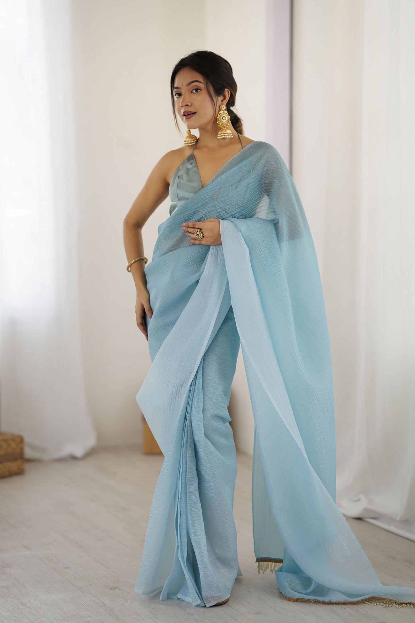 Sky Blue Organza Saree with Drape Designer Blouse Party Wear 