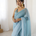Sky Blue Organza Saree with Drape Designer Blouse Party Wear
