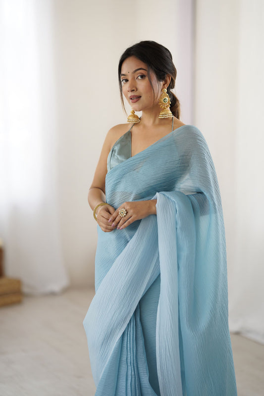 Sky Blue Organza Saree with Drape Designer Blouse Party Wear