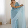 Sky Blue Organza Saree with Drape Designer Blouse Party Wear
