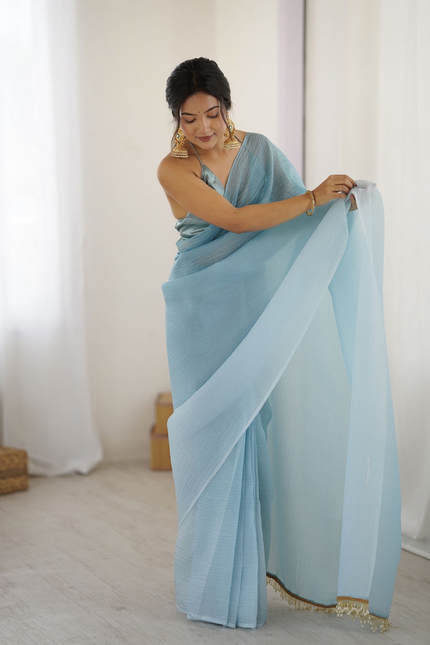 Sky Blue Organza Saree with Drape Designer Blouse Party Wear