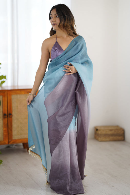 Teal Blue Lavender Organza Saree Designer Gradient Party Wear